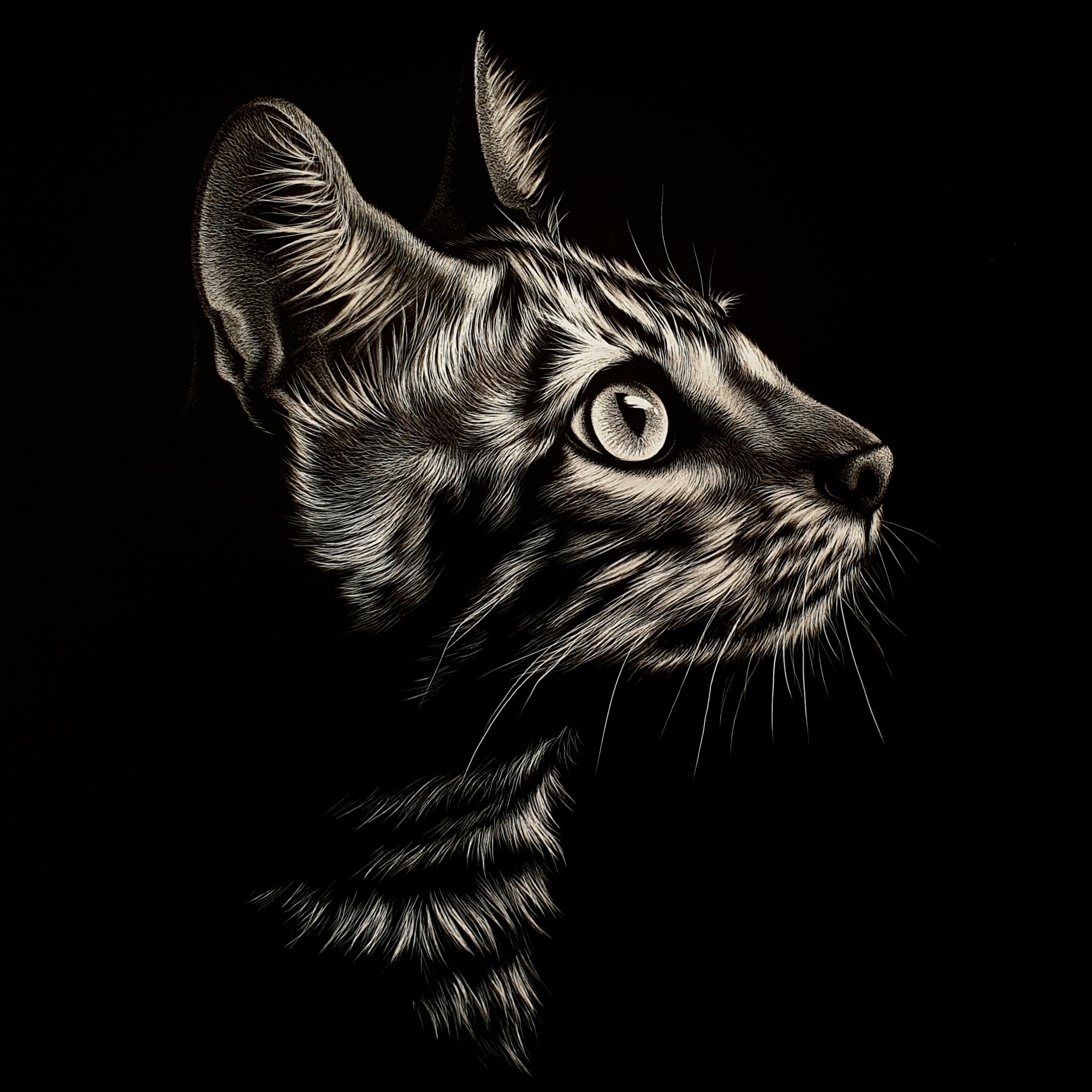 cat portrait on scratchboard by Chris Ball