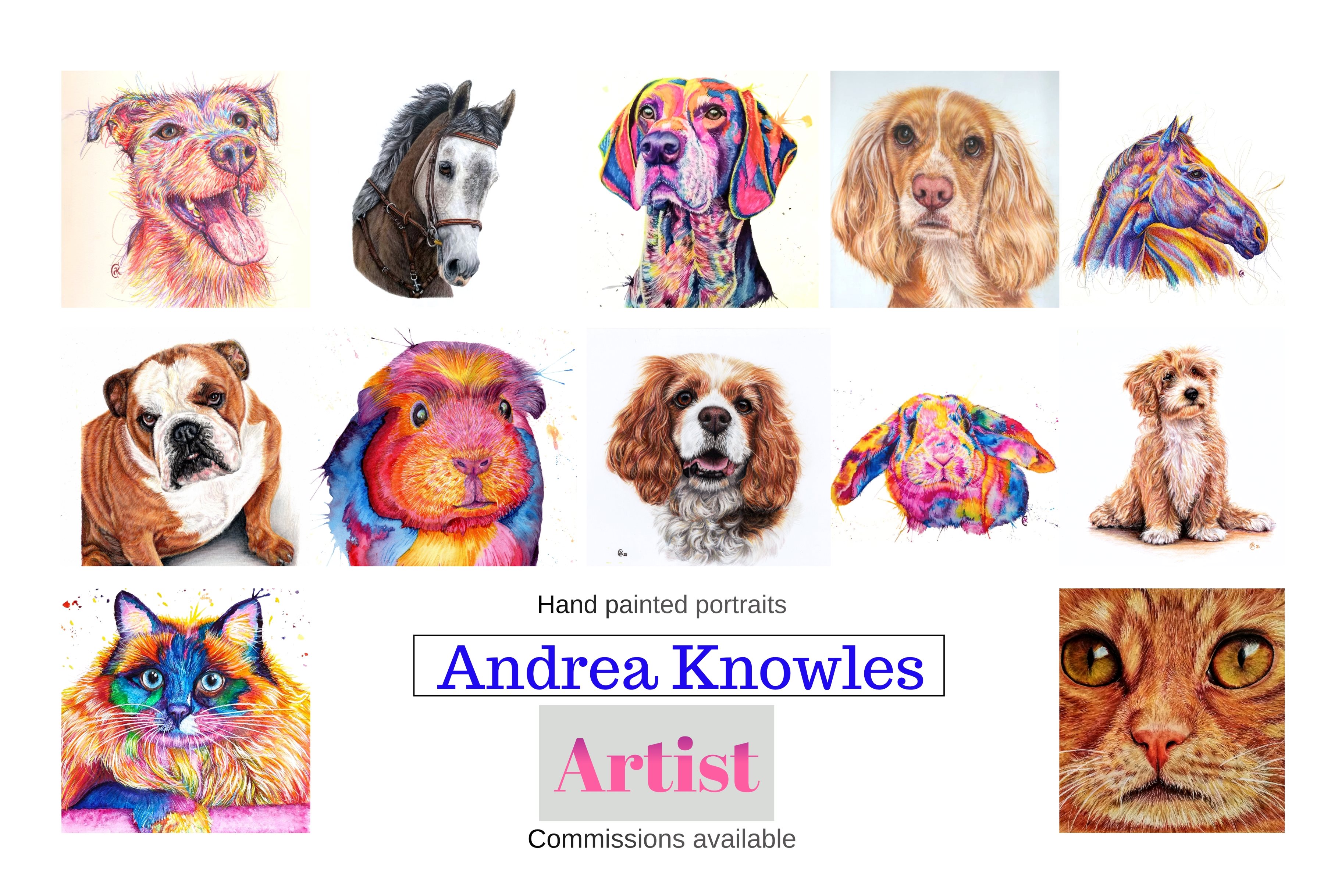 Collage of pet art styles by Andrea Knowles