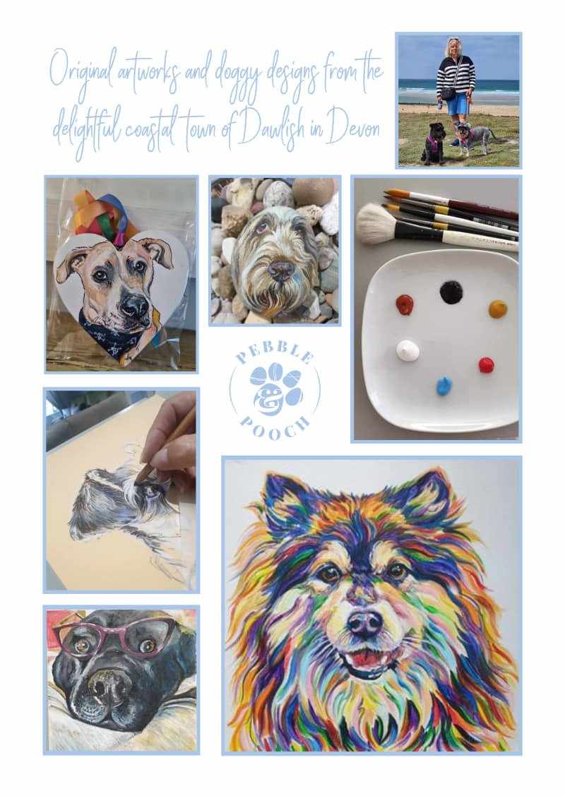 Collage of pet art by Lynda of Pebble and Pooch
