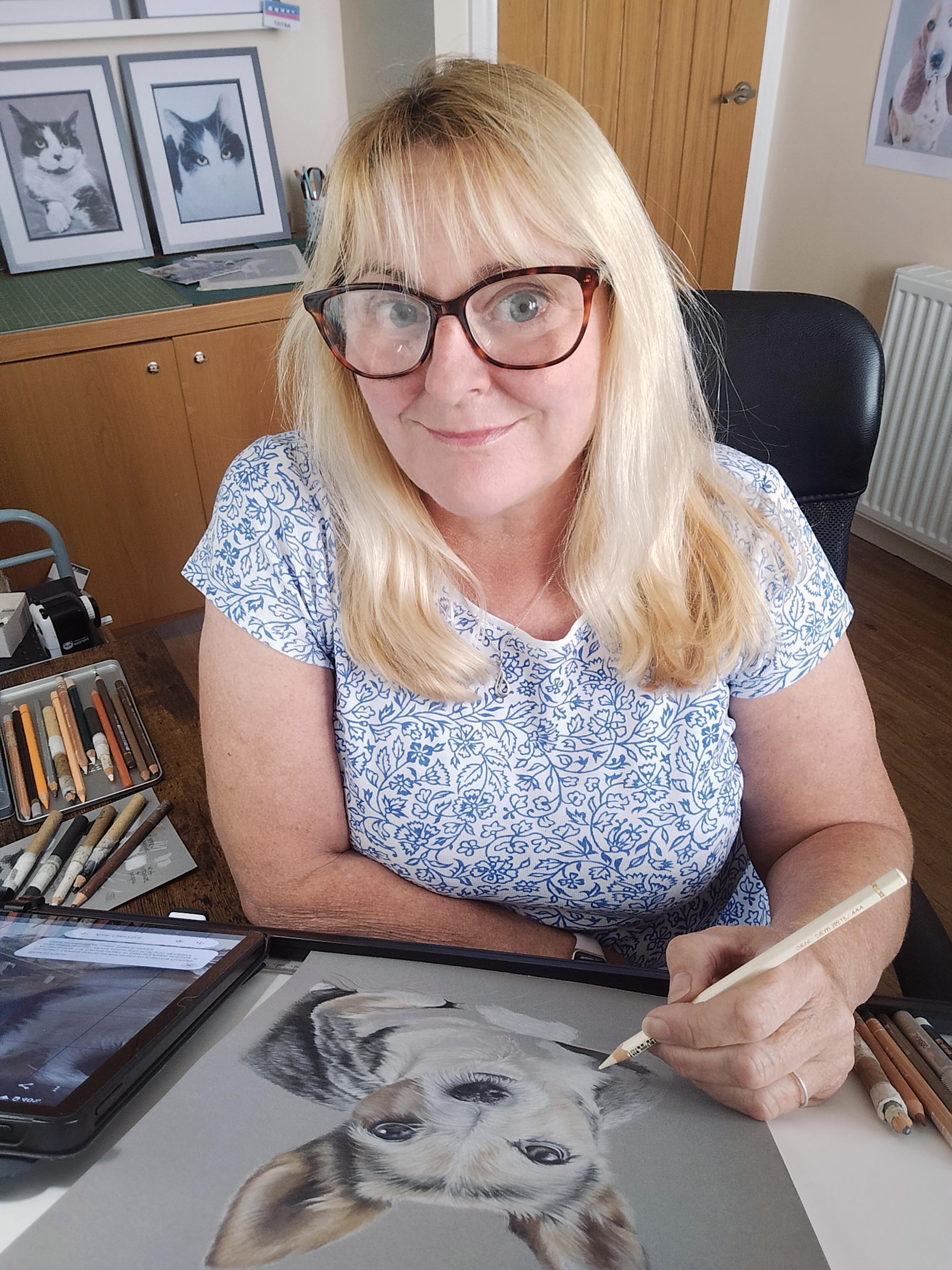 Pet artist Carol Spencer in her studio