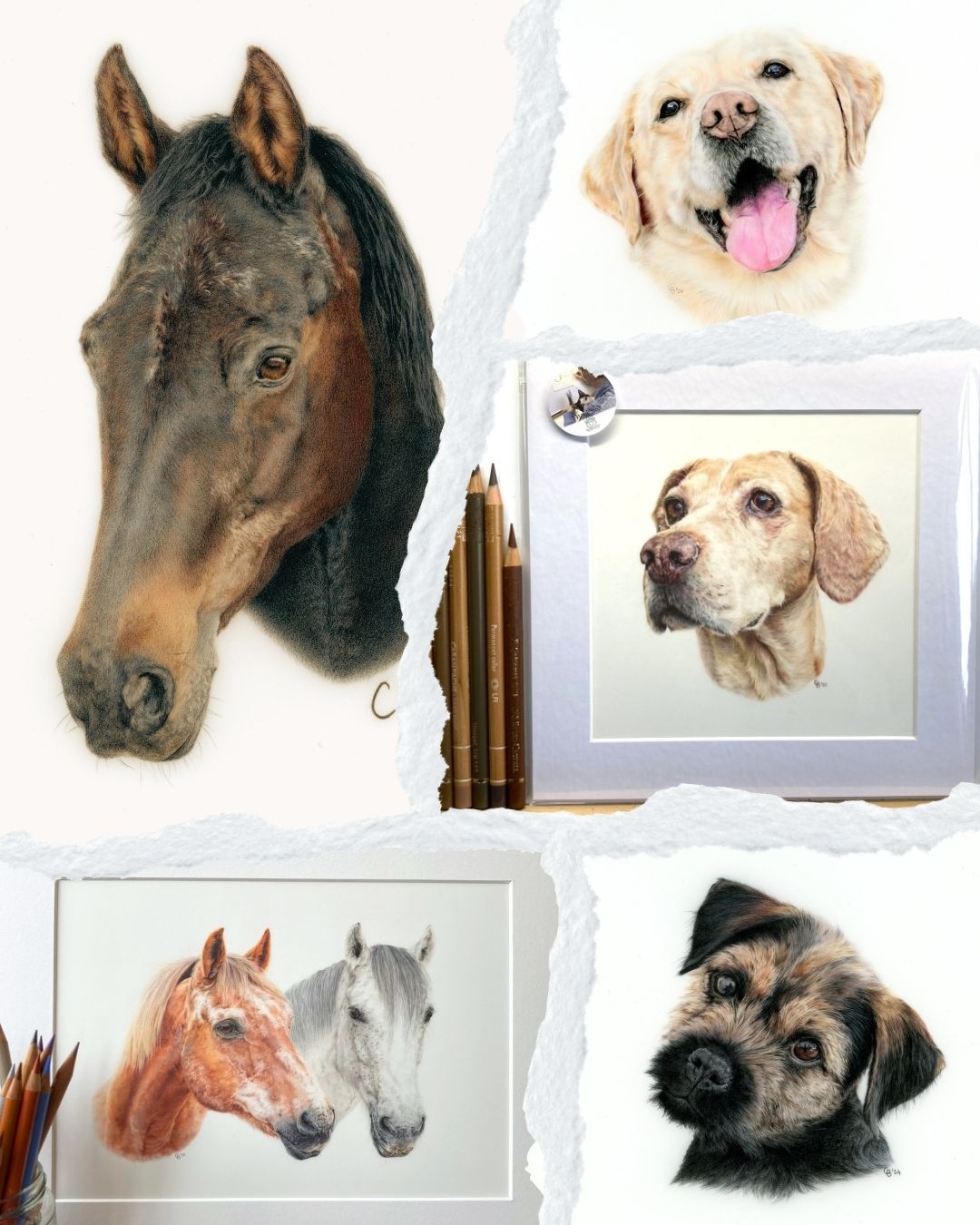 Collage of pet artwork by Four Paws and a Pencil